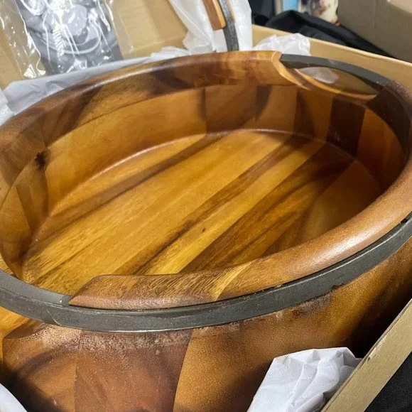 Nambe Salad Set Acacia Wood and Iron Finished Metal Set with 14" Servers Brown - Picture 9 of 9